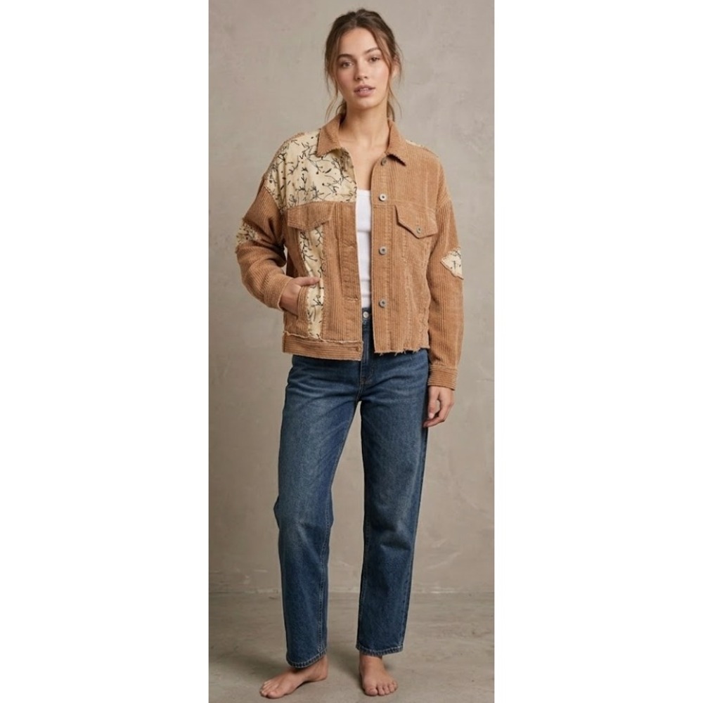 POL Jacket Womens Small Tan Corduroy Floral Patchwork‎ Frayed Hem Oversized Boho